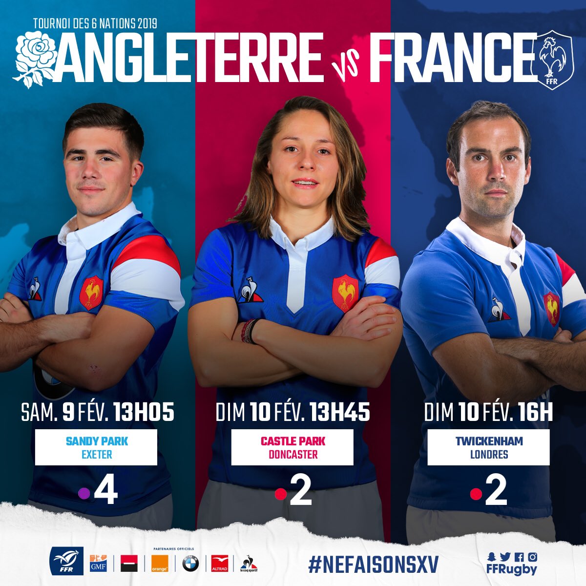 FranceRugby's tweet photo. 🏴󠁧󠁢󠁥󠁮󠁧󠁿🇫🇷 "Ce week-end, j'peux pas, j'ai crunchs !"

Trois #ANGFRA dans le même week-end, ça ne se rate pas ! Soyez au rendez-vous sur @France2tv, @France4tv et @francetvsport avec vos équipes de France ! #NeFaisonsXV #XVdeFrance #FranceU20 https://t.co/BTUzAt07qx