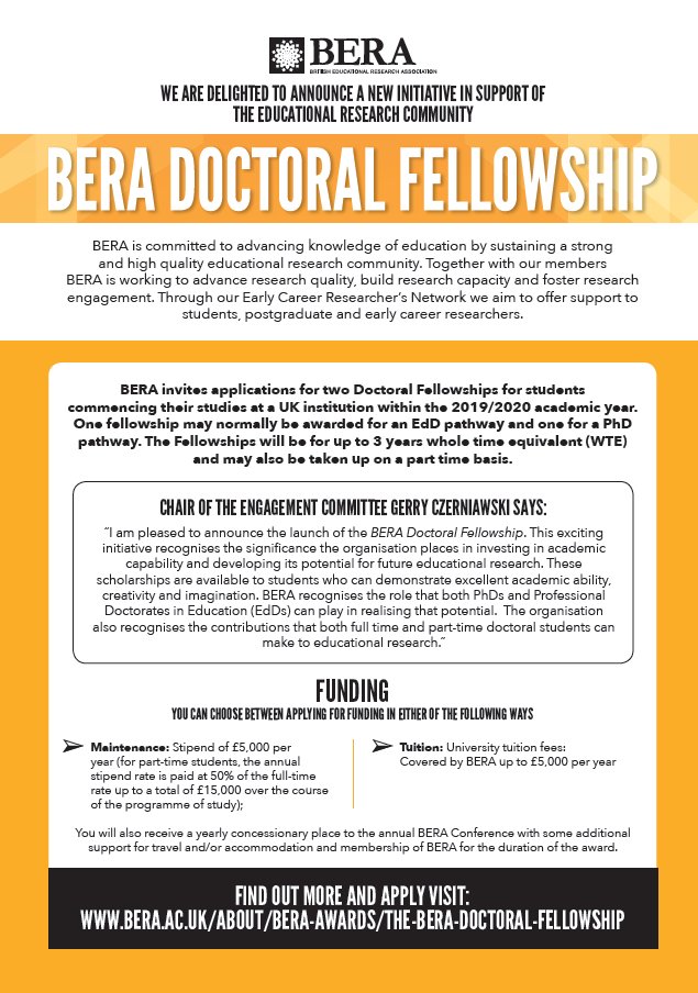 BERANews's tweet photo. BERA is committed to increasing capacity in the field. We are pleased to announce the new BERA Doctoral Fellowship. We are inviting applications for 2 doctoral fellowships, 1 fellowship awarded for an EdD pathway and one for a PhD pathway. Find out more https://t.co/GmG0n2puCV https://t.co/iYWNgStRh6