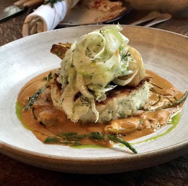 Smoked haddock fish cake, bouillabaisse sauce and fennel for lunch today #fishfriday #thebeacon