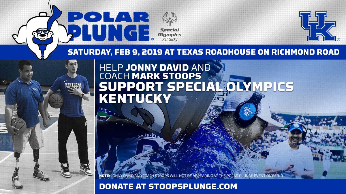 sokentucky's tweet photo. One day to go! And @UKFootball’s @UKCoachStoops is creeping up on $5,000! Help him and @JonnyDavid support Special Olympics through the Polar Plunge. Donate to their effort today at https://t.co/EZO00rpKQn! https://t.co/77WPqxvqdc