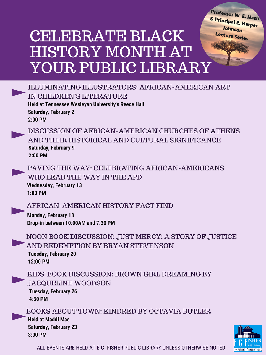EGFisherTAG's tweet photo. Celebrate Black History Month with the Professor W.E. Nash &amp; Principal E. Harper Johnson Lecture Series! Join us tomorrow for a discussion of our local African-American churches and their cultural and historical significance. https://t.co/crf7iodMcs