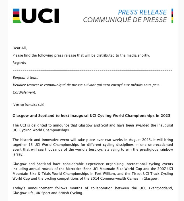 carltonreid's tweet image. Glasgow and Scotland to host inaugural joint UCI Cycling World Championships in 2023.