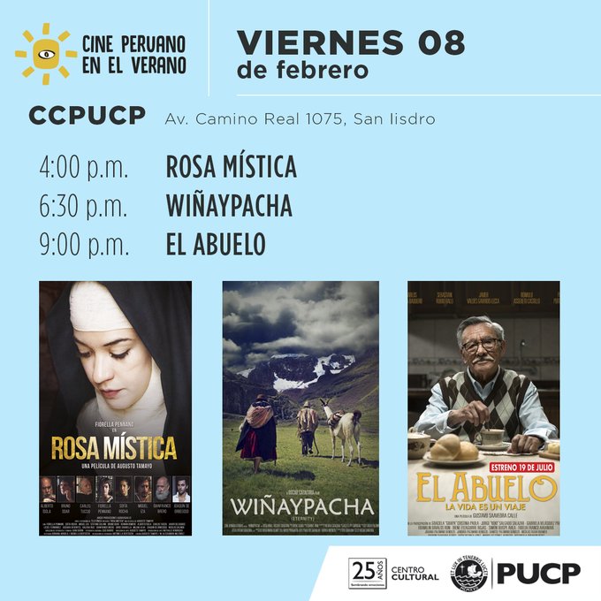 ¡Fin de semana de #CinePeruano en el verano!
1. Conoce qué fragmentos de #SantaRosaDeLima ayudaron a su trascendencia espiritual.
2. Viven alejados de todos, solo esperan que sus dioses hagan volver a su único hijo.
3. Próximo a sus 80 años, ¿emprender un viaje cambiará su vida?