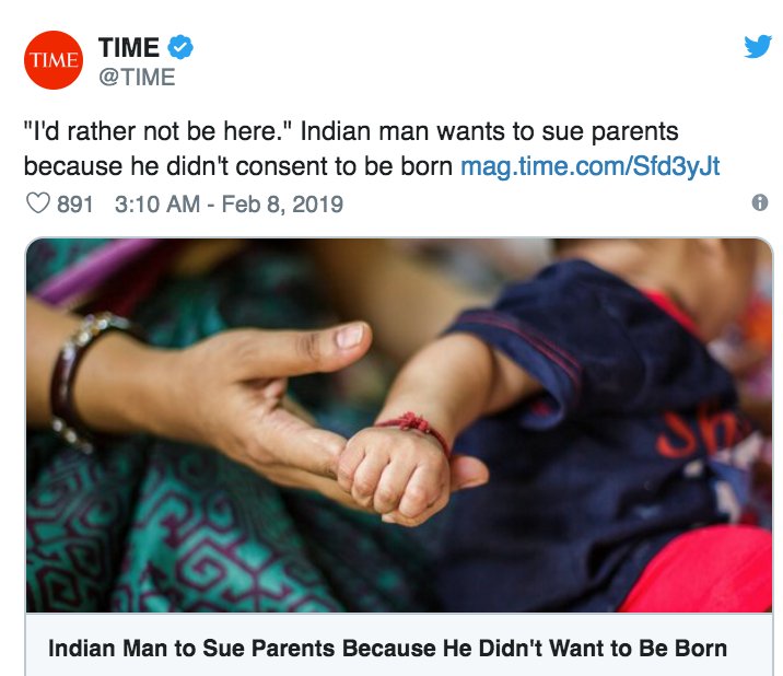 Indian dude sues his parents because he never gave consent to be born
https://www.barstoolsports.com/newyork/indian-dude-sues-his-parents-because-he-never-gave-consent-to-be-bornΒ β¦