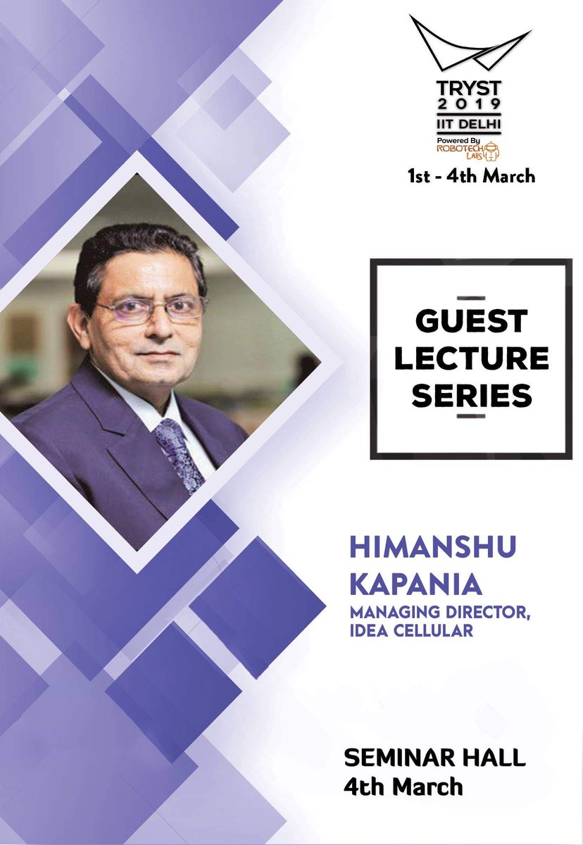 Himanshu Kapania, Managing Director and CEO of Idea Cellular has been leading Idea Cellular Operations since 2011. Handling the reins of Idea Cellular since 2006, Kapania is currently appointed as the Non-Executive Director 
#Tryst19 #KeepTrysting #IDEA #GuestLectureSeries