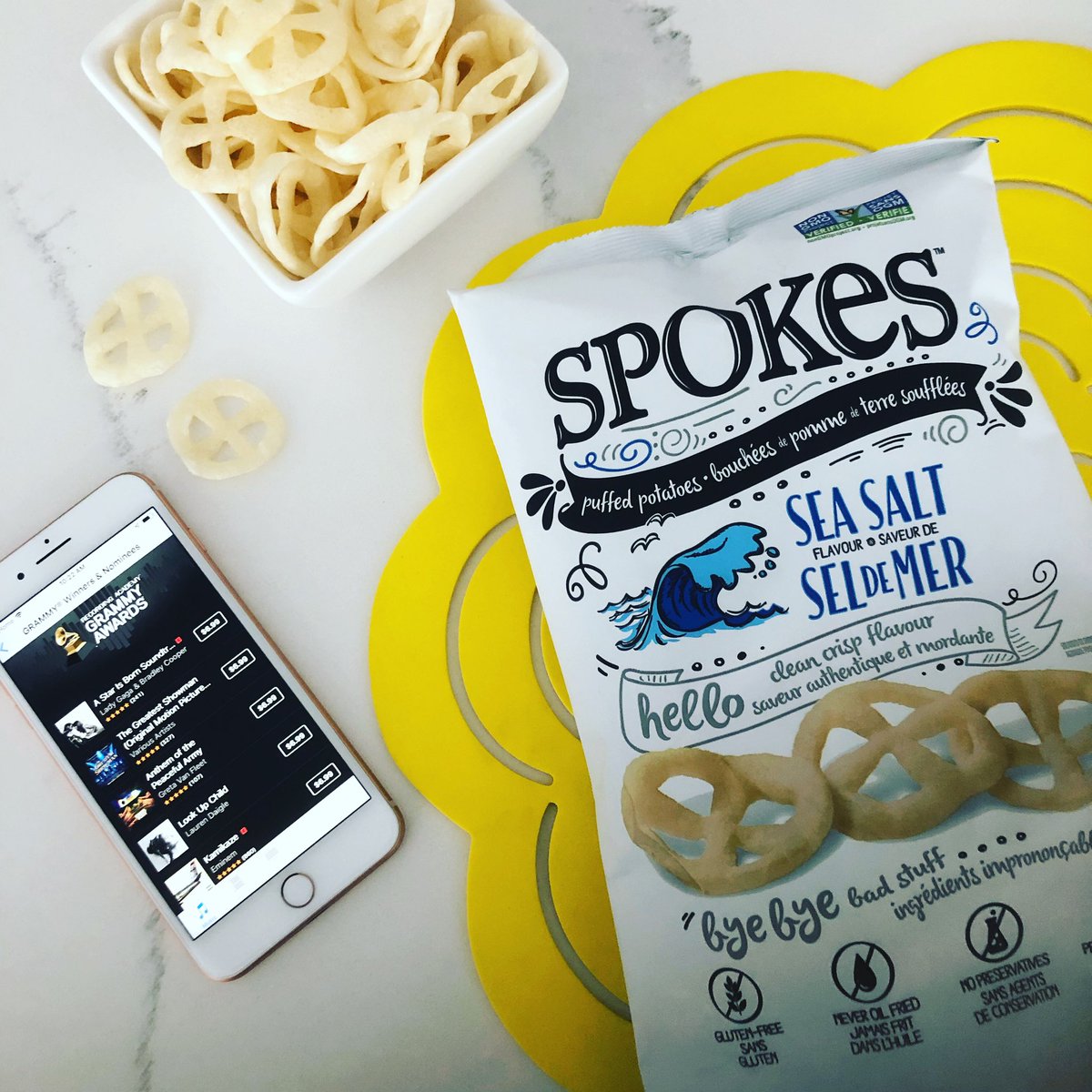 We’re preppin’ for a #grammysviewingparty and picked up SPOKES Sea Salt <a href="/WholeFoods/">Whole Foods Market</a> 🥬🥕🥬
Who will snag the @recordingacademy best album and song of the year? 🤔 Will it be <a href="/champagnepapi/">IDGAF ⁶𓅓</a> <a href="/iamcardib/">Cardi B</a> <a href="/ladygaga/">Lady Gaga</a> <a href="/iBradlycooper/">Bradley Cooper™</a> or someone else???? Share your thoughts!🤩 #glutenfree
