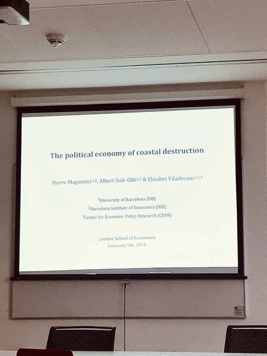 Nice paper: “The #PoliticalEconomy of Coastal Destruction” by P. Magontier, A. Solé-Ollé and @eviladecans. Presented this afternoon at the CEP/#Geography #Urban and #RegionalEconomics Seminar @CEP_LSE @LSEGeography