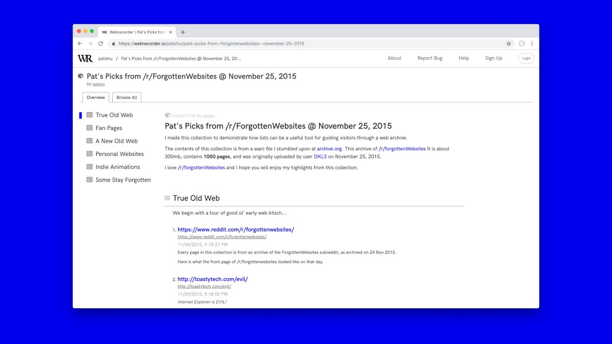webrecorder_io's tweet image. Announcing an updated webrecorder.io UI featuring a new cover page layout to improve access to public collections and curated bookmarks.

More info in a post by @PatPot and @despens:
blog.webrecorder.io/2019/02/08/imp…

Many thanks to our beta testers who helped test this release!