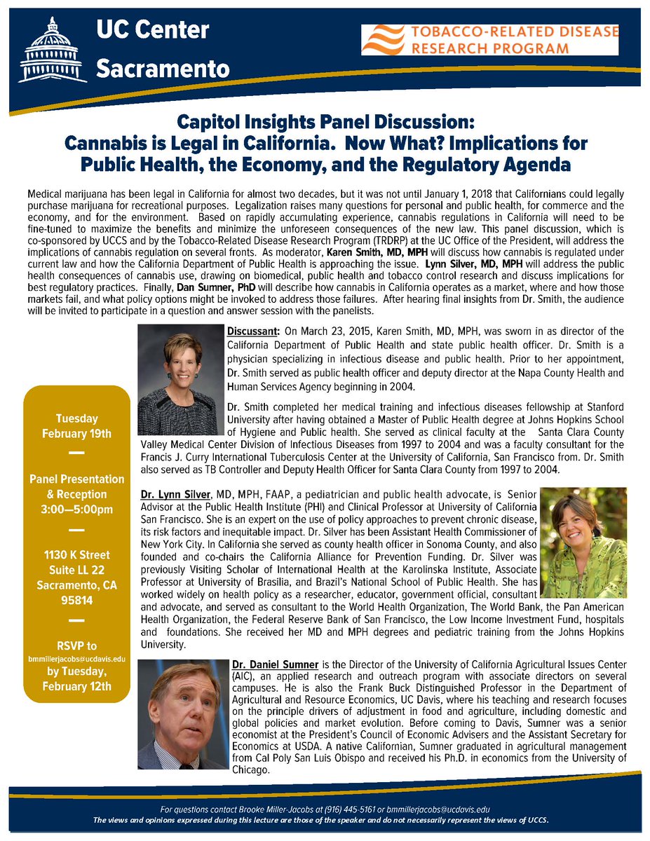 UCCenterSac's tweet photo. Join UCCS on Tues., Feb. 19th from 3:00 pm - 5:00 pm for a Capitol Insights Panel Discussion: "Cannabis is Legal in California. Now What? Implications for Public Health, the Economy, and the Regulatory Agenda." https://t.co/FwSVOwoaUI