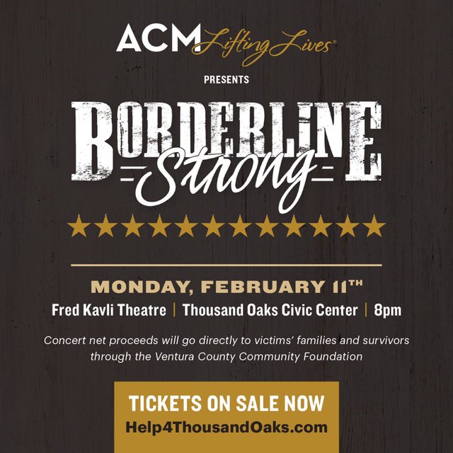 Support a night of Help, Hope & Healing as #ACMLiftingLives Presents: #BorderlineStrong, a one-night-only event featuring performances by Gone West, Charles Esten, Trace Adkins, Cassadee Pope & more. To purchase tickets or for donation opportunities visit Help4ThousandOaks.com