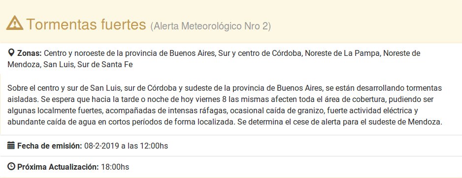 Hay que tomar las precauciones necesarias ante una alerta meteorológica emitida por el <a href="/SMN_Argentina/">SMN Argentina</a> , los eventos severos pueden causar daños materiales y lesiones muy graves como por ejemplo quemaduras por un rayo o peor incluso.