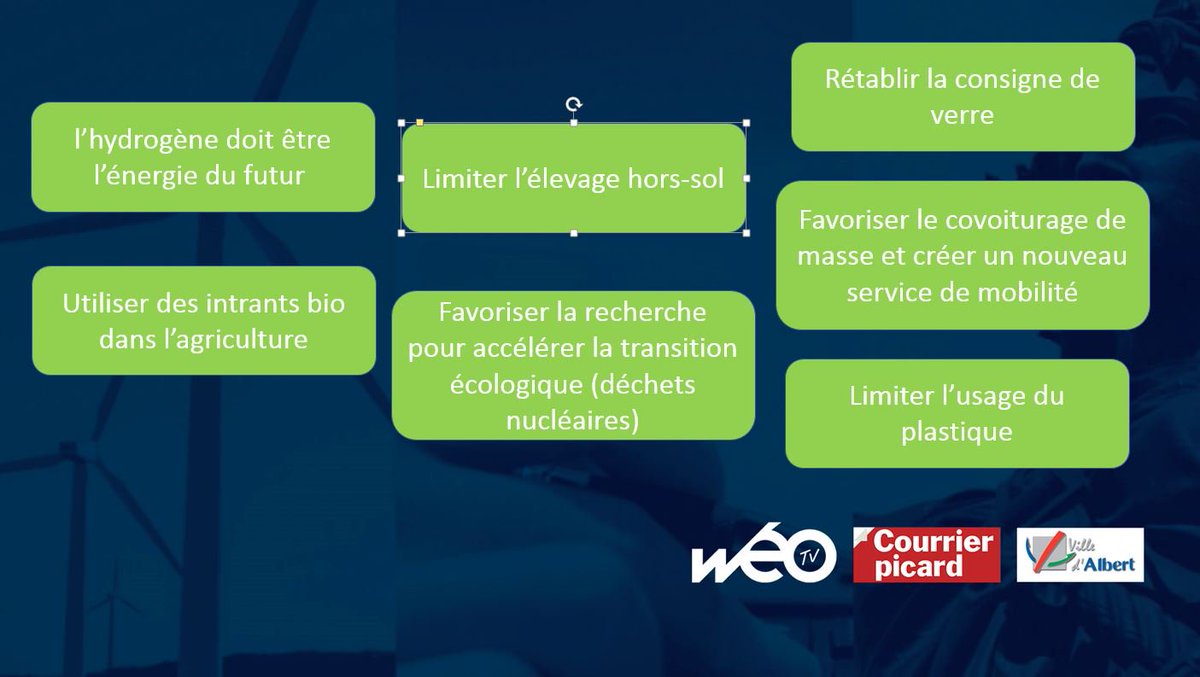 Les propositions sur le thème de la #TransitionEcologique 
<a href="/CourrierPicard/">Courrier picard</a> <a href="/Ville_dAlbert/">Ville d'Albert</a>
<a href="/jm_lobry/">Jean-Michel Lobry</a> <a href="/JMCprintetweb/">Jean-Marc Chevauché</a> 
#granddebat #granddebatnational #weo #hautsdefrance