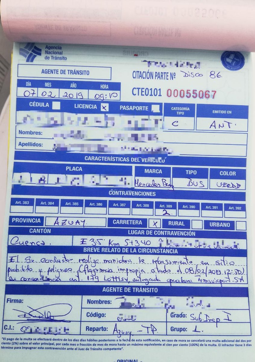 CteAzuay's tweet photo. INFORMAMOS Luego de la denuncia recibida en redes sociales se procede a identificar y sancionar a Chófer del bus que maneja con imprudencia en la Vía Tarqui - Cuenca, trabajamos por la seguridad vial #CTEPresente @complicefm @tomebamba @mercurioec @Asuquisupa @_REDInformativa https://t.co/4C1l6fgdBo