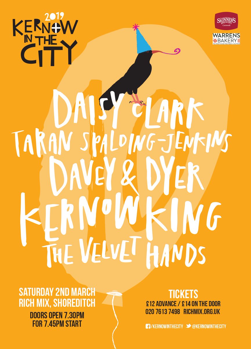 Come one and All!  

KiTC is celebrating it's tenth year with Kernow King, Daisy Clark, The Velvet Hands, Davey &amp; Dyer, Taran Spalding Jenkins, Skinner's Ale &amp; Warren's Pasties. 

SATURDAY 2ND MARCH, RICH MIX, Shoreditch
Tickets:richmix.org.uk/events/kernow-… 

#cornwall #kernow