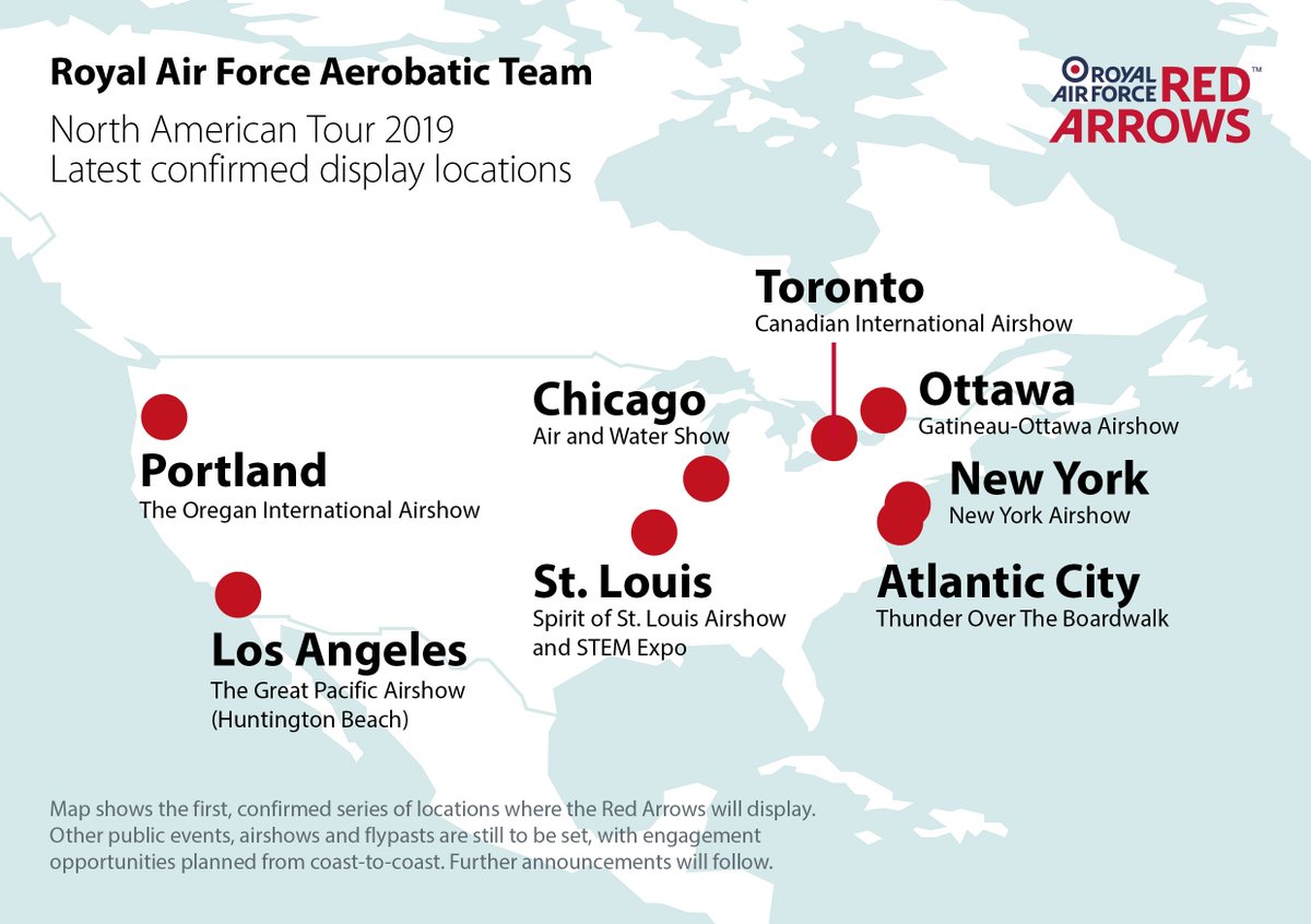 The first confirmed US locations are:

✈️ Chicago, Air and Water Show
✈️ Atlantic City, Thunder Over The Boardwalk
✈️ New York, <a href="/airshowny/">NY Air Show</a>
✈️ St. Louis, <a href="/SpiritAirshow/">Spirit Of St. Louis Air Show & STEM Expo®</a>
✈️ Portland-Hillsboro, <a href="/oregonairshow/">Oregon International Air Show</a>
✈️ Huntington Beach, The Great Pacific Airshow