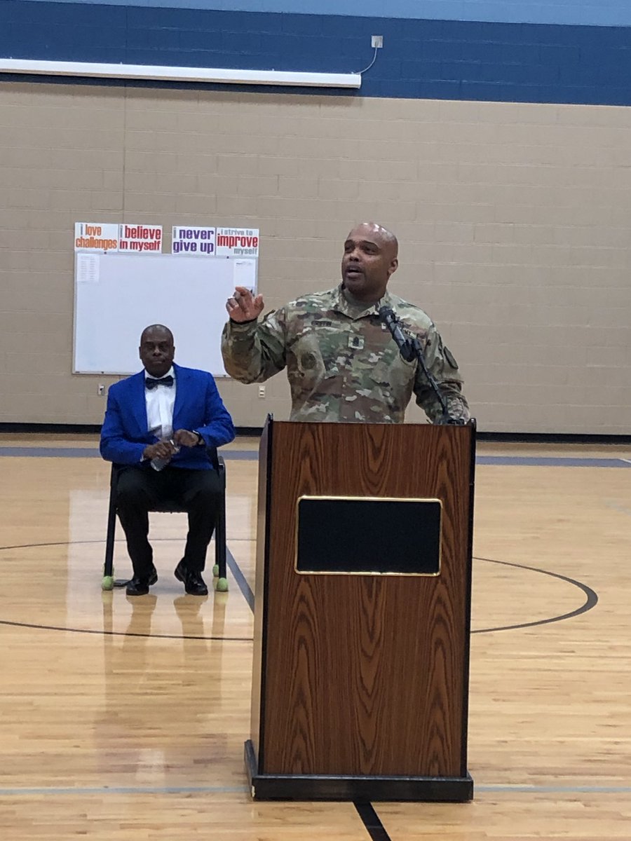 NMSTrojans's tweet photo. “Be the change that you want to be.” -CSM Garrick Griffin 
#HCSStongerTogether 
#BlackHistoryMonth2019 https://t.co/vI9jchP95Y