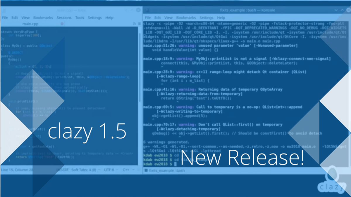 KDABQt's tweet photo. Clazy 1.5 was just released! Find out what's new: https://t.co/Ta5FGTUtOQ #clazy #cpp #tooling #qtdev https://t.co/MLPS4X2ovN