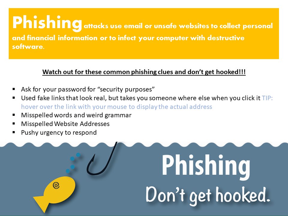 🔐 #Cybersecurity Tip of the Day: Phishing attacks use email or unsafe website to collect personal information. Review these ⬇️ common phishing clues and don't get hooked! 🎣
