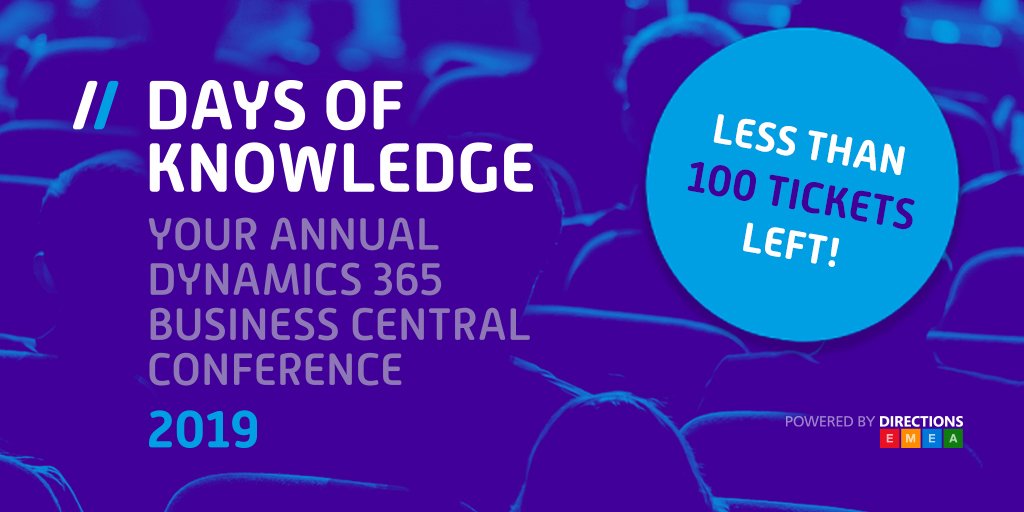 Tickets are running low fast!
With less than 100 tickets left, you need to act quick if you are considering joining our Days of Knowledge conference 24-25 May 2019. Make sure to get your ticket today!
#DaysOfKnowledge #DOK19 #msdyn365bc 
Read more at daysofknowledge.com