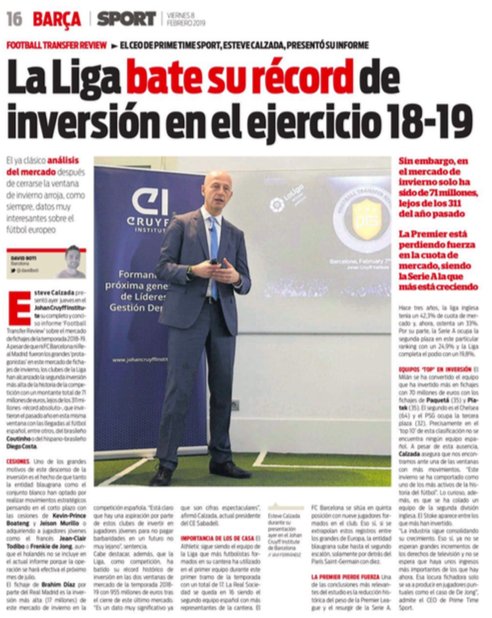 ptimesport's tweet photo. 🗞 | Great media covering of the #FootballTransferReview 2019 by @ptimesport presented at the @CruyffInstitute https://t.co/r5XaDPvmHi https://t.co/0iZYgAL38l