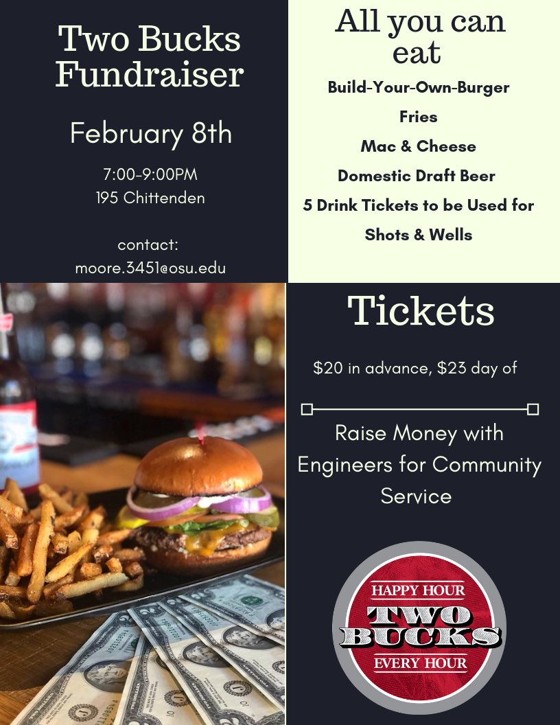 Tonight’s fundraiser: Two hours of Unlimited Beer, Burgers, Fries, Mac &amp; Cheese and 5 drink tickets that can be used for drinks or shots. Cheers and thanks for Buckin’!