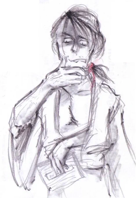 落書き羽生田さん…あとサキ(累)。絵の練習もかねポーズは模写、顔だけ推しキャラにすげかえて模写するという雑コラ的発想!和装の羽生田さんが長髪なのは趣味だよ、俺は男の長髪は嫌いなクチだが江戸や室町設定ならロンゲでこそ!!! 
