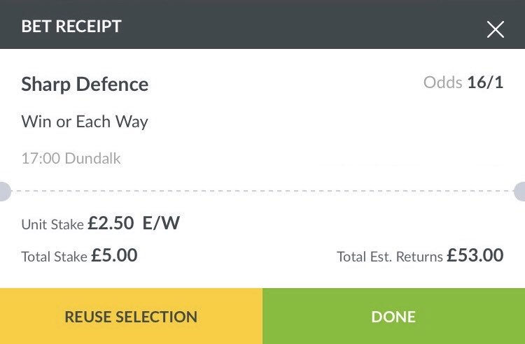 Had a small ew bet on Sharp Defence at #Dundalk. Price looks too big in my opinion so I’ve had a punt.
<a href="/BetPragmatic/">First Past The Post</a> #bettingtips