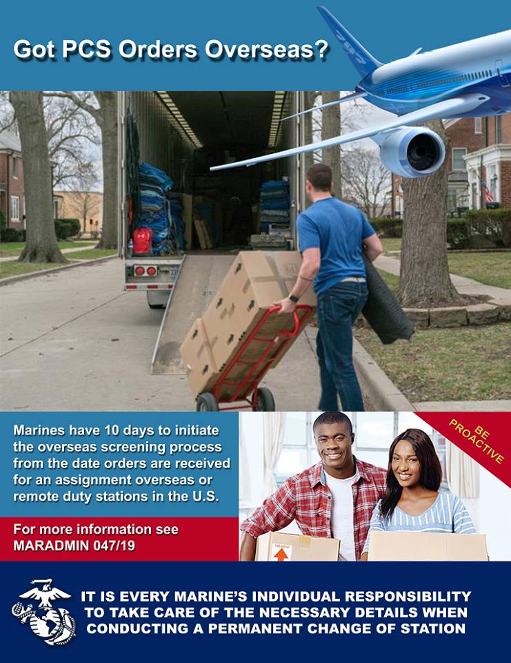 MCB_Quantico's tweet image. Going to a new duty station overseas? 
Make sure to begin your overseas screening process within ten days of receipt of your #PCSOrders. See MARADMIN 047/19 for details.

marines.mil/News/Messages/…