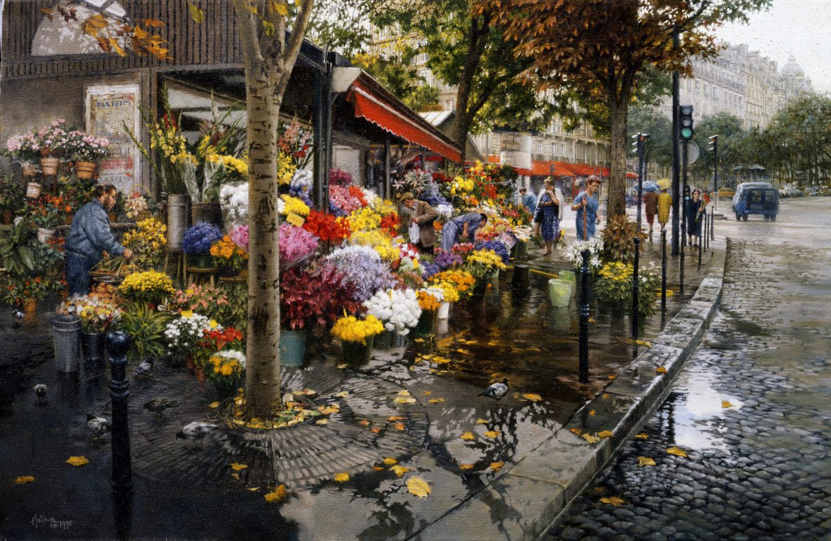 clarkhulings's tweet photo. The colors in this 1995 #ClarkHulingspainting are incredibly vibrant: they’re high-contrast and set off against the dark accents of a rainy day. You can read more about this paintings and Clark's other works here: https://t.co/SV2m0xmnE3 #PlacedesTernes #FineArt #Hulings #France https://t.co/saTuV0wkV4