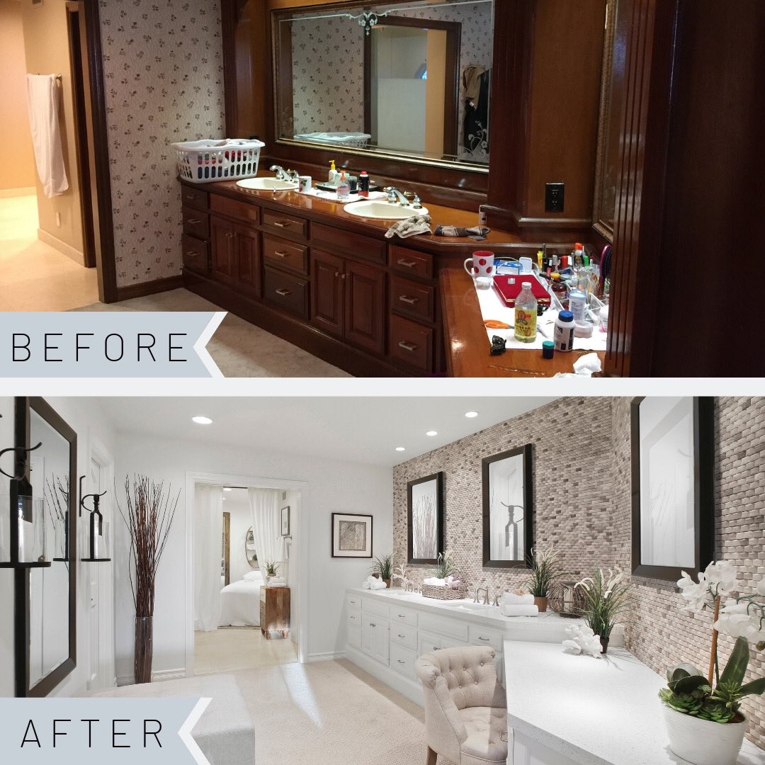 For this listing’s master suite: we kept the cabinets, added new counters, feature wall, paint, mirrors and carpet... what a difference! #realestate #realestateagent #remodel #showstopper #beforeandafter #bathroomdesign #bathroomremodel #bathroomdecor