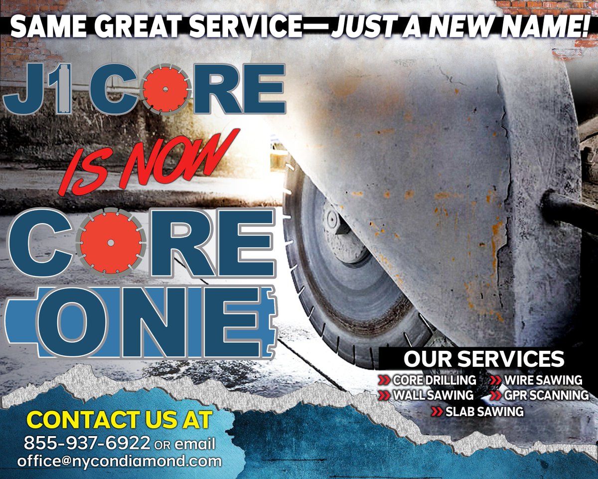 Nycondiamond's tweet photo. J1 Core is now CORE ONE. Contact us today for our Concrete Drilling and Cutting services. #NYCONDiamondandToolinc.
#concretesawing #concretedrilling #DiamondDrilling #construction #nyc #coredrilling #concretecoring #Coreone https://t.co/cwiUEUjpdC