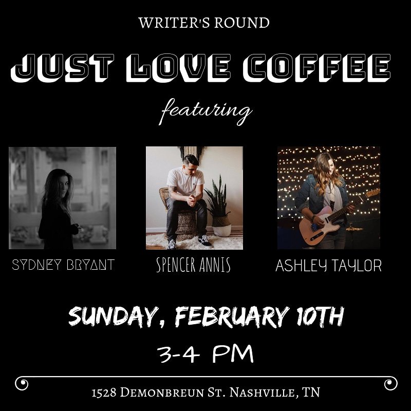 sydbryant35's tweet photo. Got another round at @justlovecoffee coming up with these awesome musicians! Come on out for some caffeine and live music before the week starts back up! 😆🎶🎸🌃 #livemusic #nashville #justlove #writersround #coffee #songwriters https://t.co/VyYYGrr27M