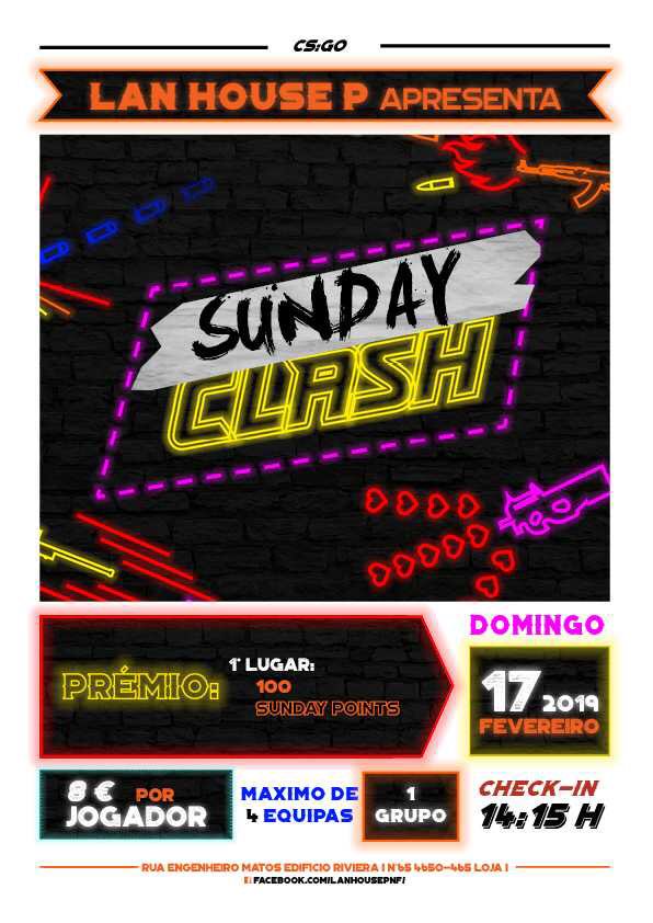 A <a href="/lhpenafiel/">lanhousep</a> anuncia a primeira edição do Sunday Clash com 100 Clash Points de prémio para o primeiro lugar de quatro participantes possíveis naquele que será um formato para alguns Domingos de tarde. Reserva já a tua vaga #lhp #clickfiel #csgo #sundayclash