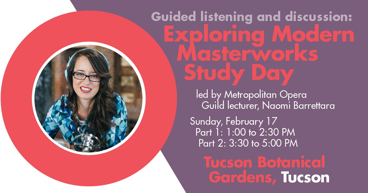 azopera's tweet photo. Join us on Sunday, February 17 as we welcome acclaimed musicologist and podcast host Naomi Barrettara to the Tucson Botanical Gardens as she leads a discussion of opera in the past century. @nbwrites @TucBotanical #azosilentnight
Learn how you can attend » https://t.co/RQAbe0kV4i https://t.co/IVA11T1eAF