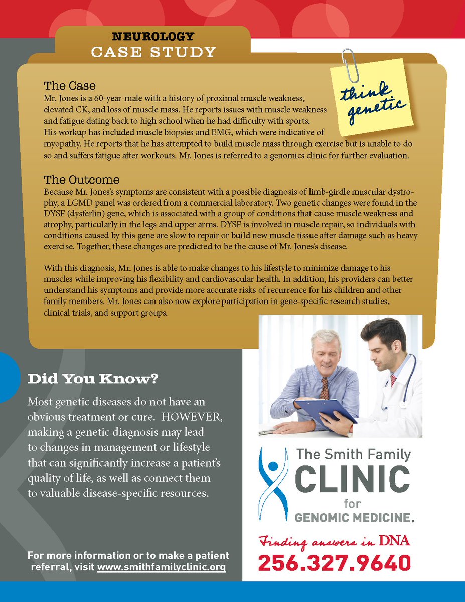SmithGenomicMed's tweet photo. Male presents w/ a history of proximal muscle weakness & loss of muscle mass. #Genetic testing reveals genetic changes in the #DYSF #gene associated w/ a group of conditions that cause muscle weakness. Check out this #neurology case study #thinkgenetic
https://t.co/ZXGT8V88Mp https://t.co/dfua8qmC6d