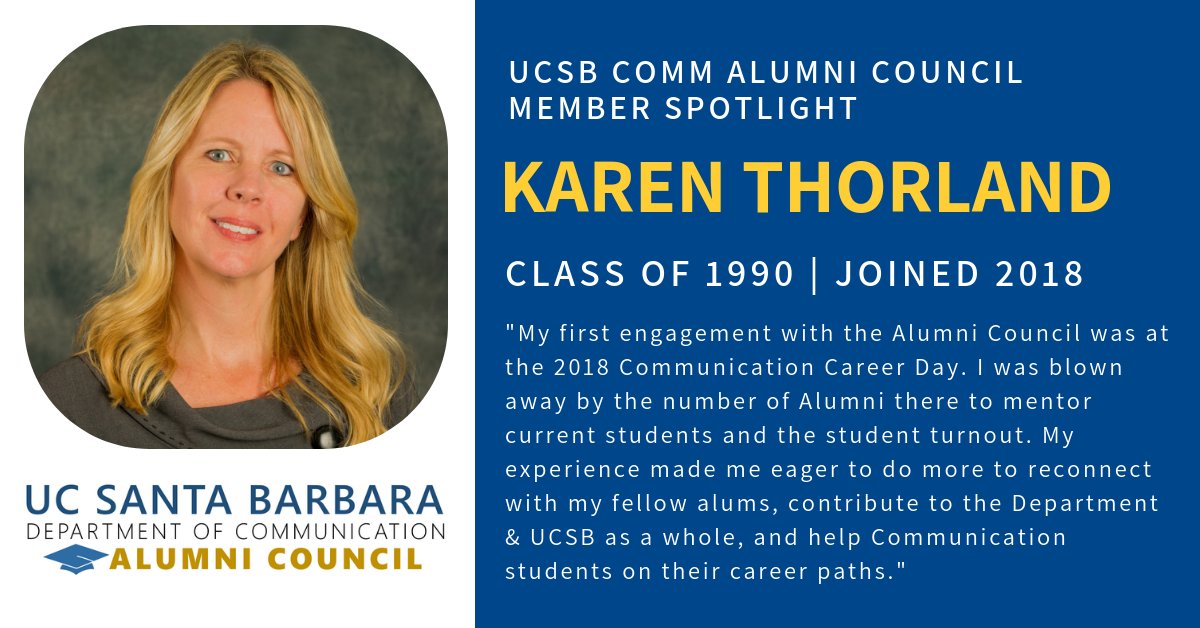 UCSB_CommAlumni's tweet photo. Meet Karen Thorland @KThorland , #UCSB Comm Alumni Council member. Karen is SVP, Deputy Gen Counsel, Global Content Protection for the Motion Picture Assoc of America. Karen is a great example of a highly successful #Gaucho who shares her talents and time with others! #UCSBAlumni https://t.co/Smwv1iD9W2