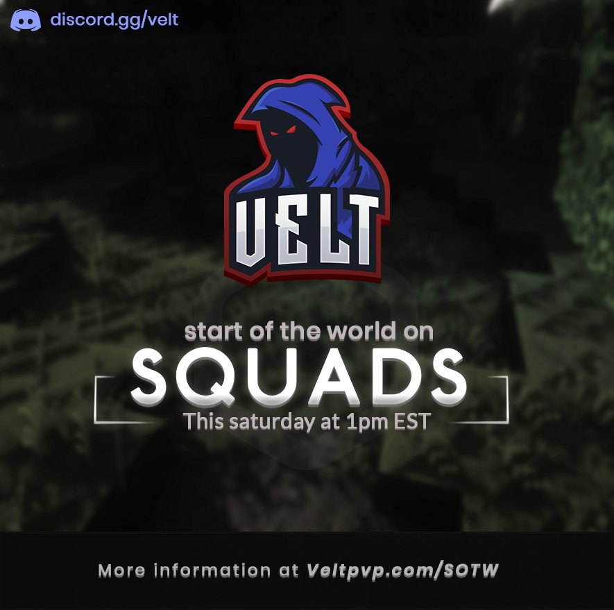 📢 Squads SOTW will commence on Saturday, February 9th at 1:00 PM EST. 

📃 veltpvp.com/sotw

🔁+❤️ for a chance to win a Velt+ Rank and a $50 Store Gift Card!

🎮 veltpvp.com
💳 store.veltpvp.com