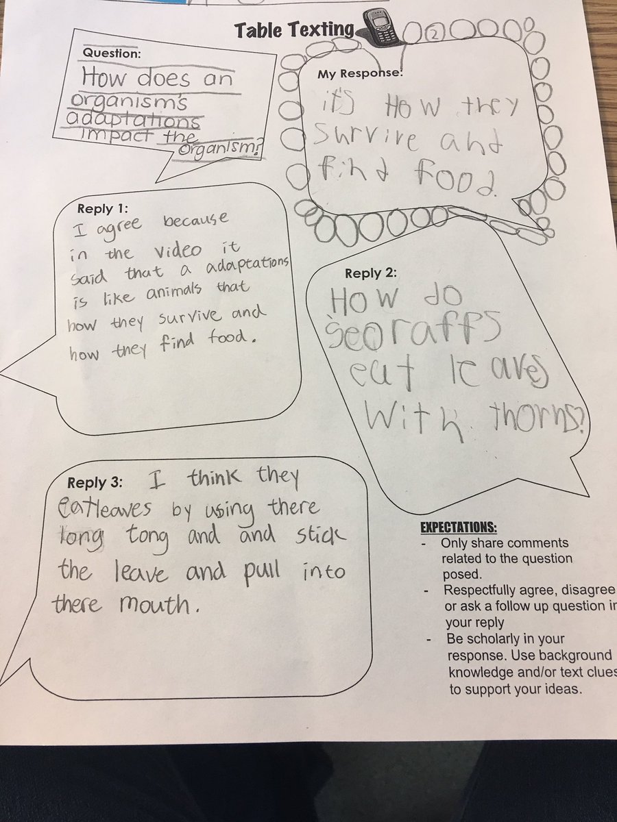 BaumannsClass's tweet photo. Students are Table-Top-Texting to collaborate and share thinking about animal adaptations. #CertifySPS #E4Cs https://t.co/E7wqvmwQ90