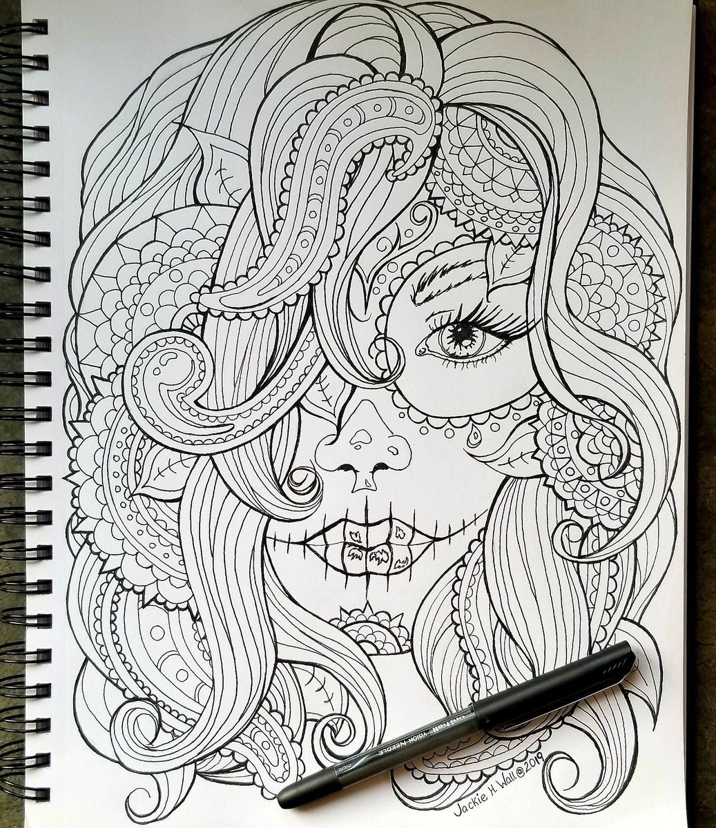 jackiehwall's tweet photo. An image will come to me like lightning and then my challenge is to capture it on paper. #sugarskull #colour #inkart #studiofriday https://t.co/3eXVw102ir