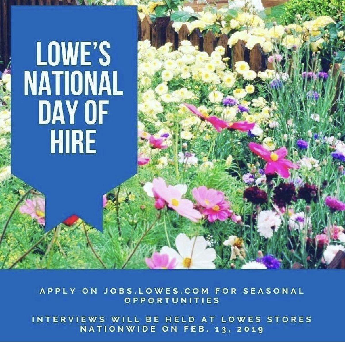 Lowes635's tweet photo. Now hiring for spring. Stop by any Lowes Store on Wednesday 2/13 from 10a-7p for an on the spot interview. Apply online at https://t.co/MosG4KTAXl #SpringHire2019 #lowes @marebear116 @jvance1213 @HR4Connected @besthr_635 @JajacksonMatty https://t.co/Spe3Hwuioy