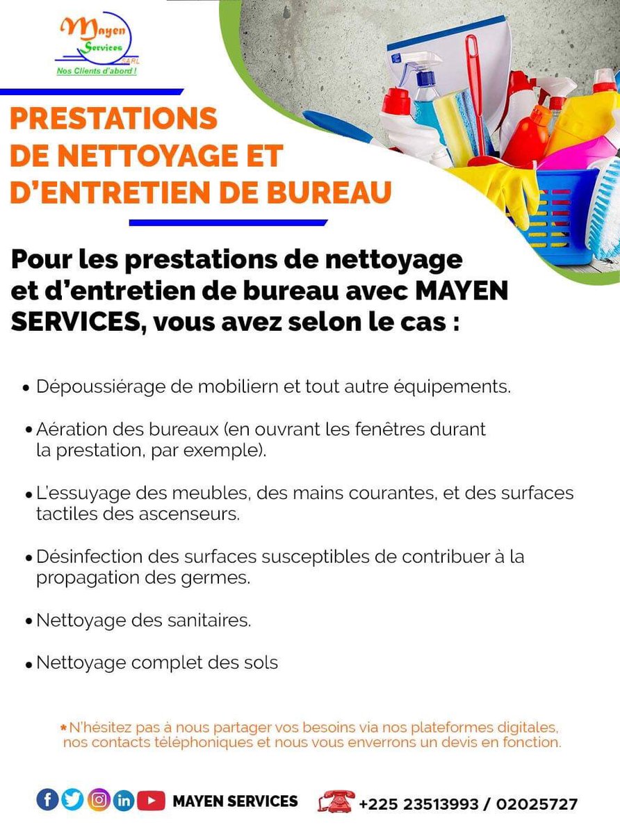 Le nettoyage et l’entretien de vos locaux, c’est l’affaire de MAYEN SERVICES SARL®️. 
#Mayenservices #Nettoyage #Entretien #EspaceVert #Jardinage #Collecte #ordures #Bâtiment #Construction #Plomberie #Menuiserie #Maçonnerie #Peinture