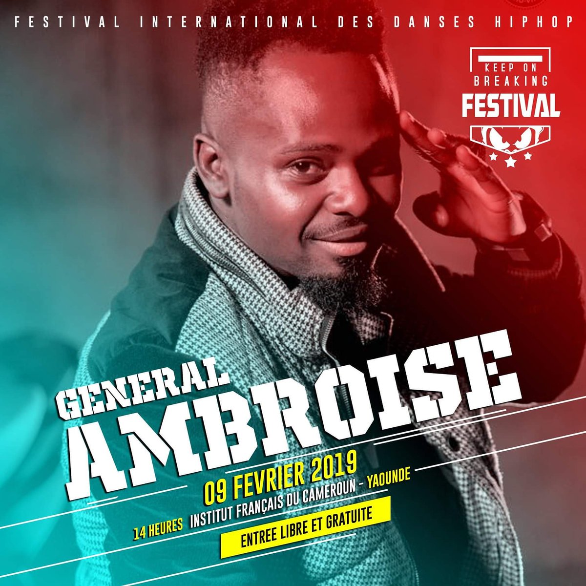 keeponbreaking's tweet photo. #4
G U E S T
Géneral Ambroise
Retrouvez l'artiste Géneral Ambroise au keep on breaking ce samedi 9 Février 2019 à Institut français du Cameroun Yaoundé
#keeponbreaking #festival #international #danses #hiphop #popping #breakdanse #loubase #streetoff #France #cypher2019 #Yaounde https://t.co/fDRTsXrPQM