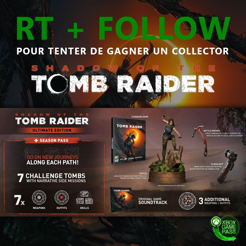 Pour fêter l'arrivée de Shadow of the Tomb Raider dans le #XboxGamePass, on vous fait un petit concours !

RT + FOLLOW pour tenter de gagner le collector du jeu 🔥