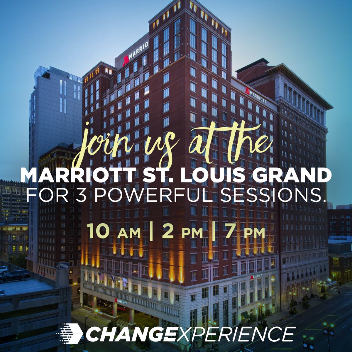 Change Experience 2019 St.Louis is happening RIGHT NOW! We're at the Marriott St. Louis Grand, 10am, 2pm, and 7pm. All sessions are FREE. Text ChangeStLouis to 51555 or click here …https://changeexperience2019stlouis.eventbrite.com
#ChangeExperience
#WorldChangers
#WorldChangersChurchInternational