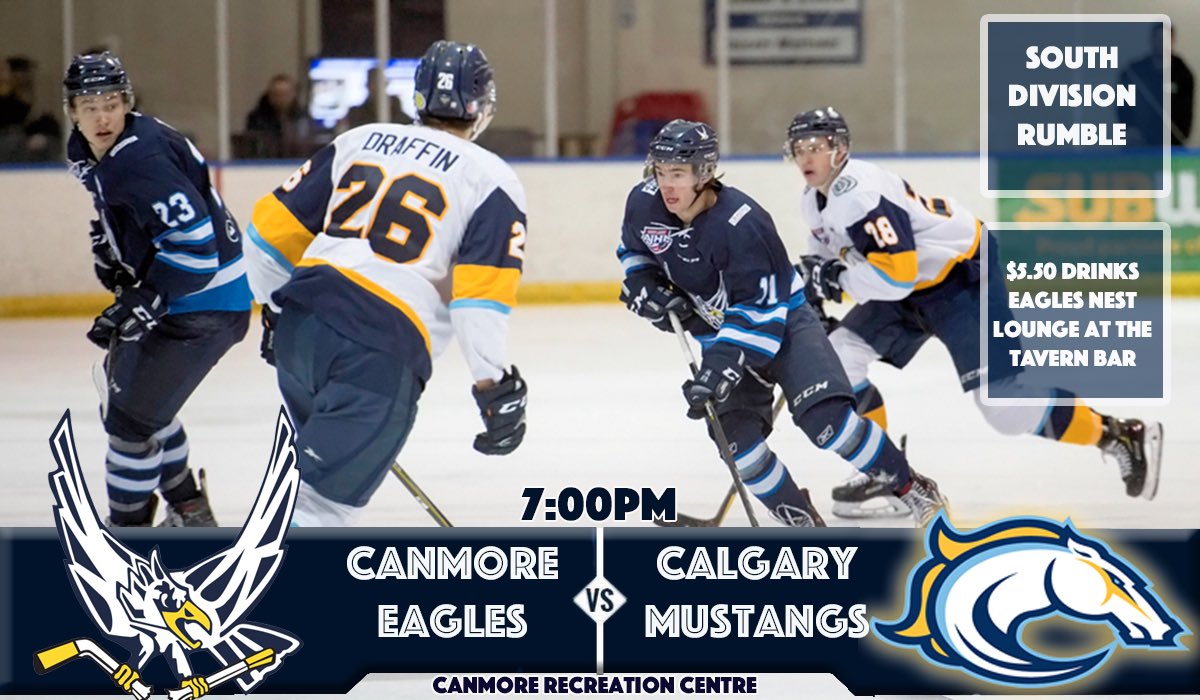 canmoreeagles's tweet photo. GAMEDAY! We are back at the CRC as we host the @CalgaryMustangs to start off a 4-game home stand. Only 2 pts separate both teams and it is the 6th and final meeting of the season between the 2 teams. Puck drop is 7 pm. Come out and cheer on your Eagles! #AJHL #CMvsCE #goeagles🦅 https://t.co/CSIxAZAwMq