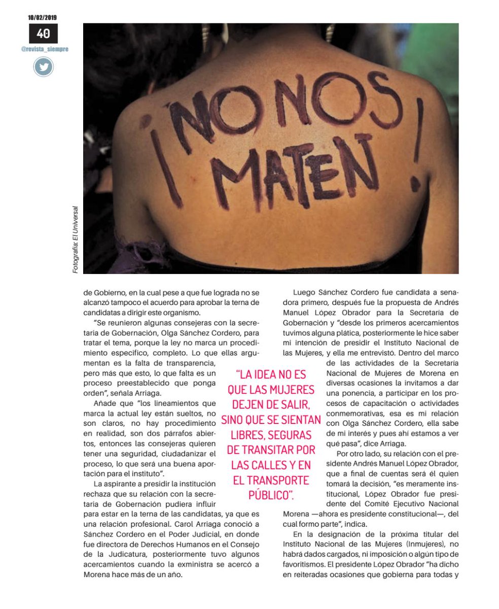 CarolBArriaga's tweet photo. Comparto la entrevista que me hicieron para la @revista_siempre sobre violencia contra las mujeres. Las mujeres habremos de vivir libres y seguras en nuestras casas y en los espacios públicos. Los medios de comunicación deben contribuir a ello y acabar con las campañas de miedo. https://t.co/B9HzYOxpuH