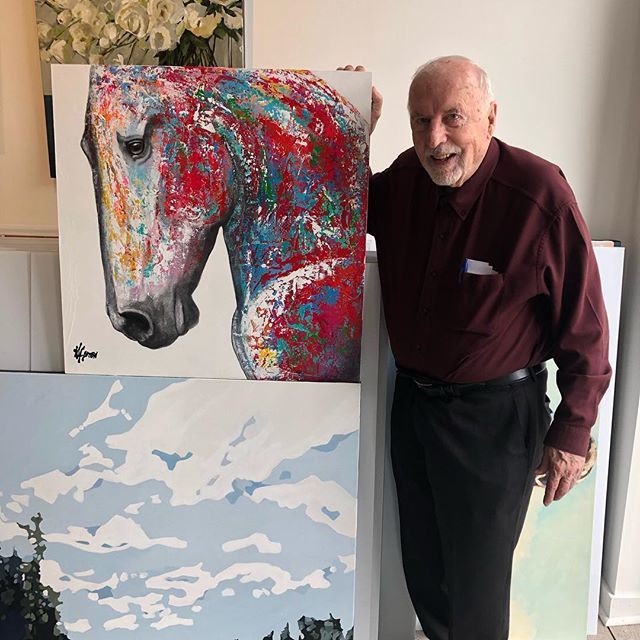 In2artOakville's tweet photo. A very happy and lovely client who absolutely loves the painting he had commissioned by @helenecaron.art bravo #artistsoninstagram #art #horses #contemporarypainting #contemporayart #colour https://t.co/vlGGeg0jMA https://t.co/8F84racM92