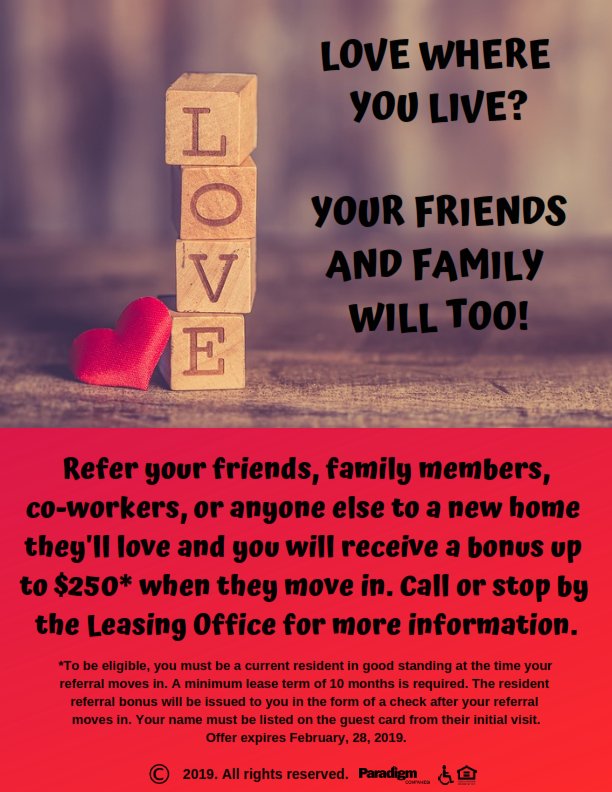 Everyone should love where they live! Refer someone you know to our community and you'll receive a referral bonus up to $250! See the flyer for more details. #lovewhereyoulive #residentreferral #bonus #residentperk #weloveourresidents #parktriangle