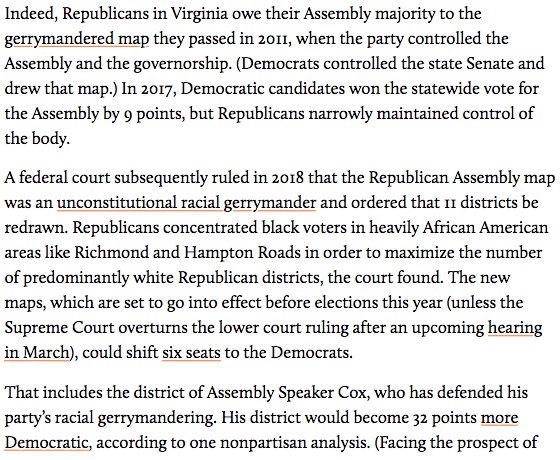 Virginia GOP House speaker Kirk Cox, who could become gov if top 3 Dems resign, defended unconstitutional racial gerrymandering that diluted power of black voters https://www.motherjones.com/politics/2019/02/virginias-democratic-scandals-could-cost-the-party-control-of-state-politics-for-the-next-decade/ …