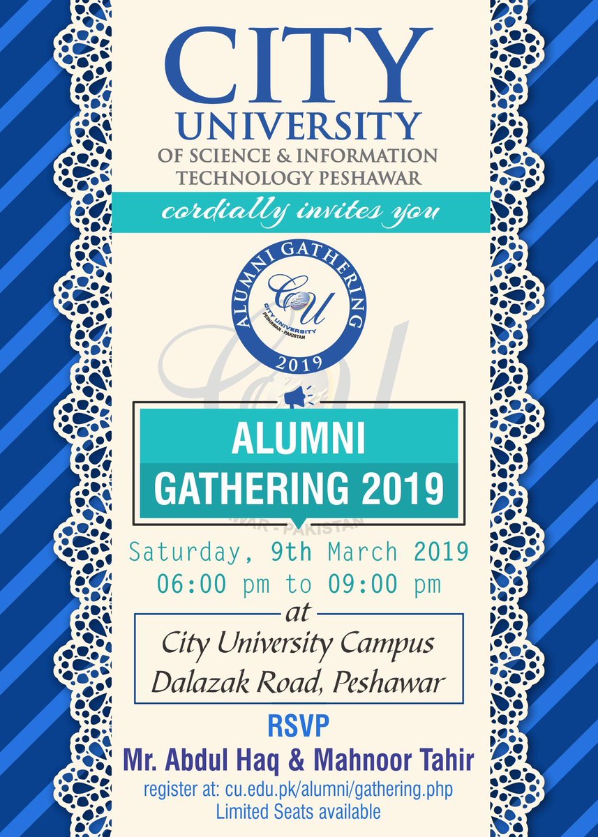 BilalRehman13's tweet photo. #CUSIT #ALUMNI #GALA 2019
#ALUMNI_COMING_HOME

Dear CUSIT ALUMNIs, 
Kindly fill the registration form. 

CDC 
091-2609501-8 
Mr. Abdul Haq (Director CDC department-CUSIT) 
Ms. Mahnoor Tahir (Assistant CDC department -CUSIT) 

Registration link: https://t.co/UDktrhCjIW 

Thank you https://t.co/LBAaHvNZBx
